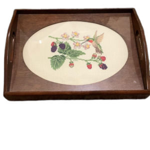 Vintage cross stitch needlepoint tray with glass on top and wooden handles